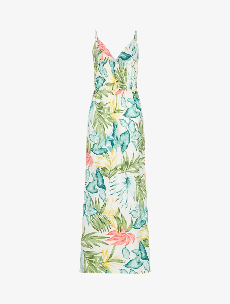Langes fließendes Kleid mit sommerlichem Print - Ecru