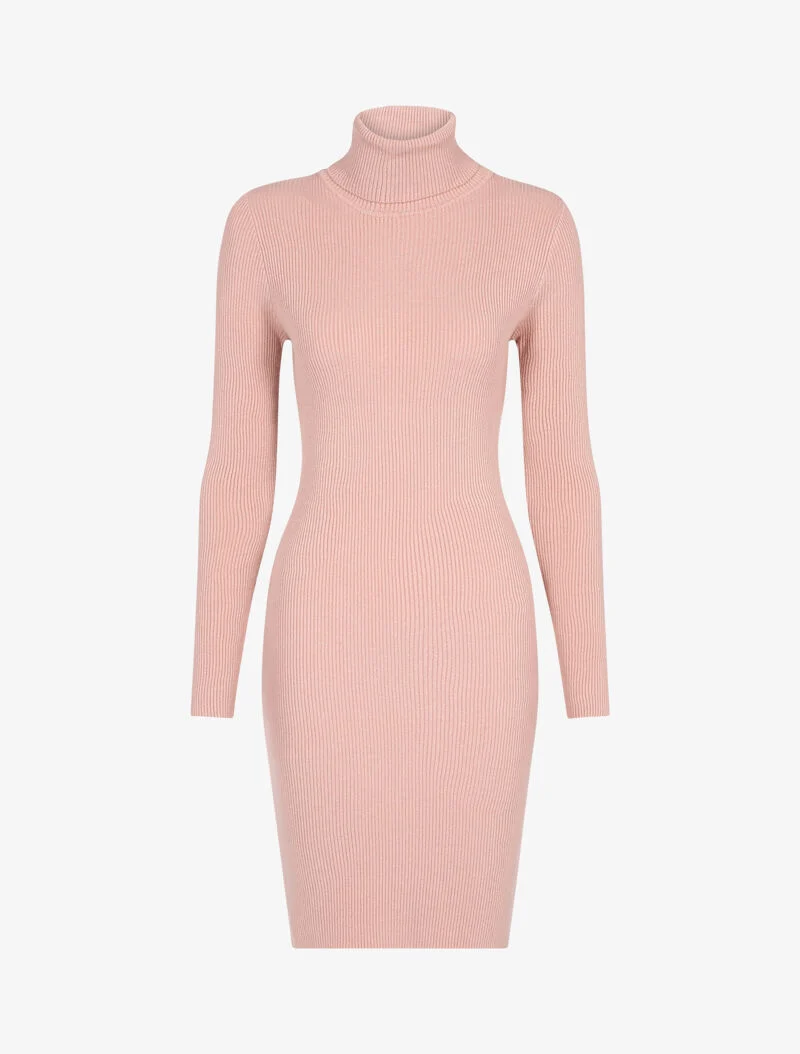 Geripptes Rollkragen-Strickkleid - Rose