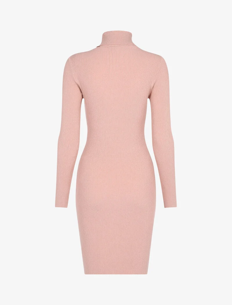Geripptes Rollkragen-Strickkleid - Rose