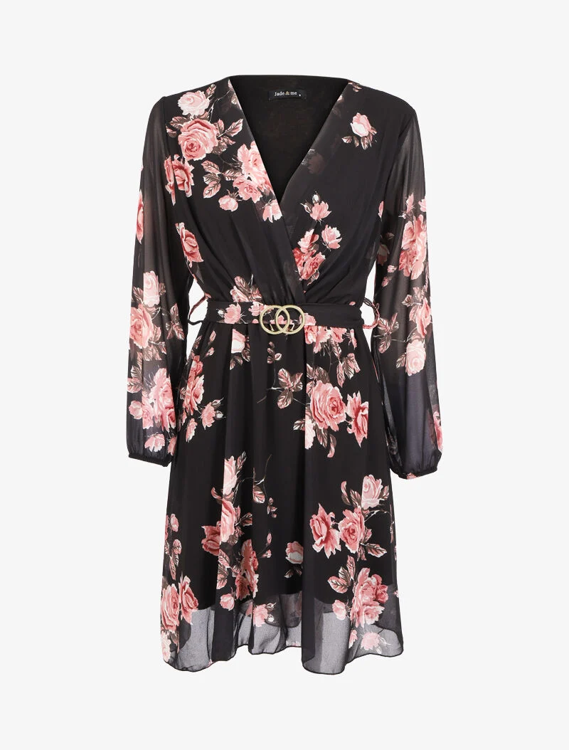 Kleid mit Blumenmuster und integriertem Gürtel - schwarz