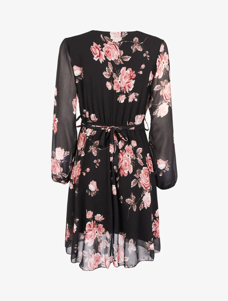 Kleid mit Blumenmuster und integriertem Gürtel - schwarz
