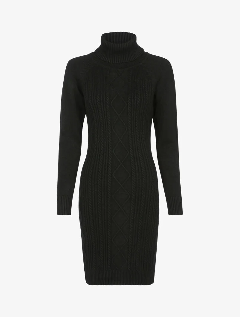 Rollkragen-Strickkleid mit Zopfmuster - schwarz