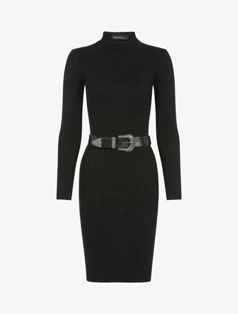 Geripptes Strickkleid mit Stehkragen - schwarz