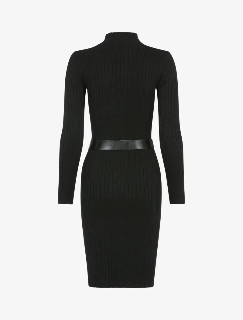 Geripptes Strickkleid mit Stehkragen - schwarz