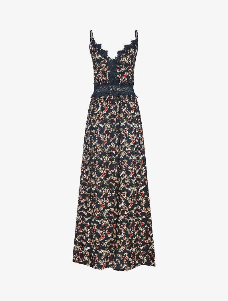 Geblümtes Kleid mit Häkel-Details - schwarz