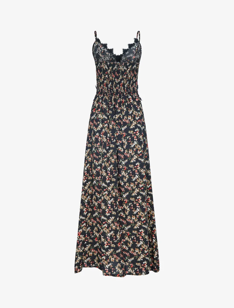 Geblümtes Kleid mit Häkel-Details - schwarz
