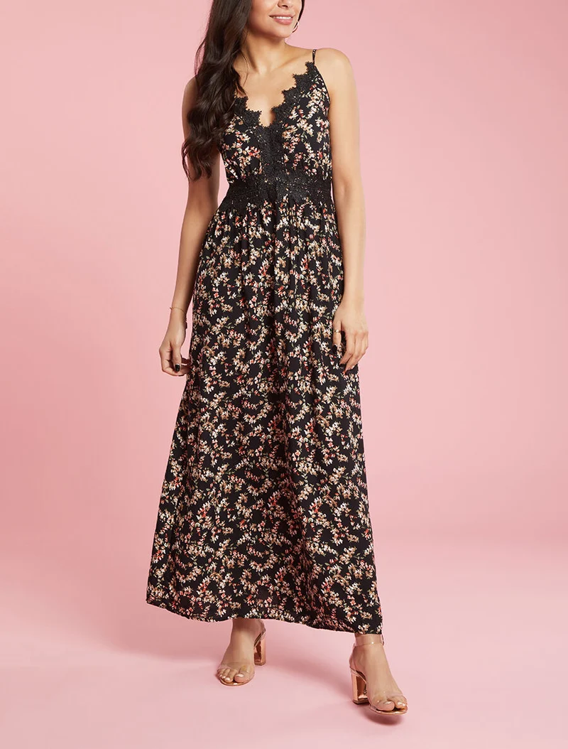 Geblümtes Kleid mit Häkel-Details - schwarz