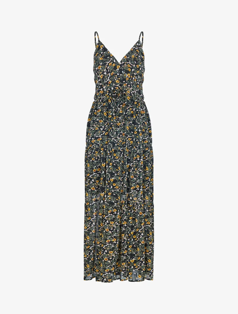 Geblümtes Kleid mit elastischer Taille - schwarz