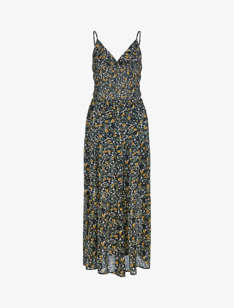 Geblümtes Kleid mit elastischer Taille - schwarz