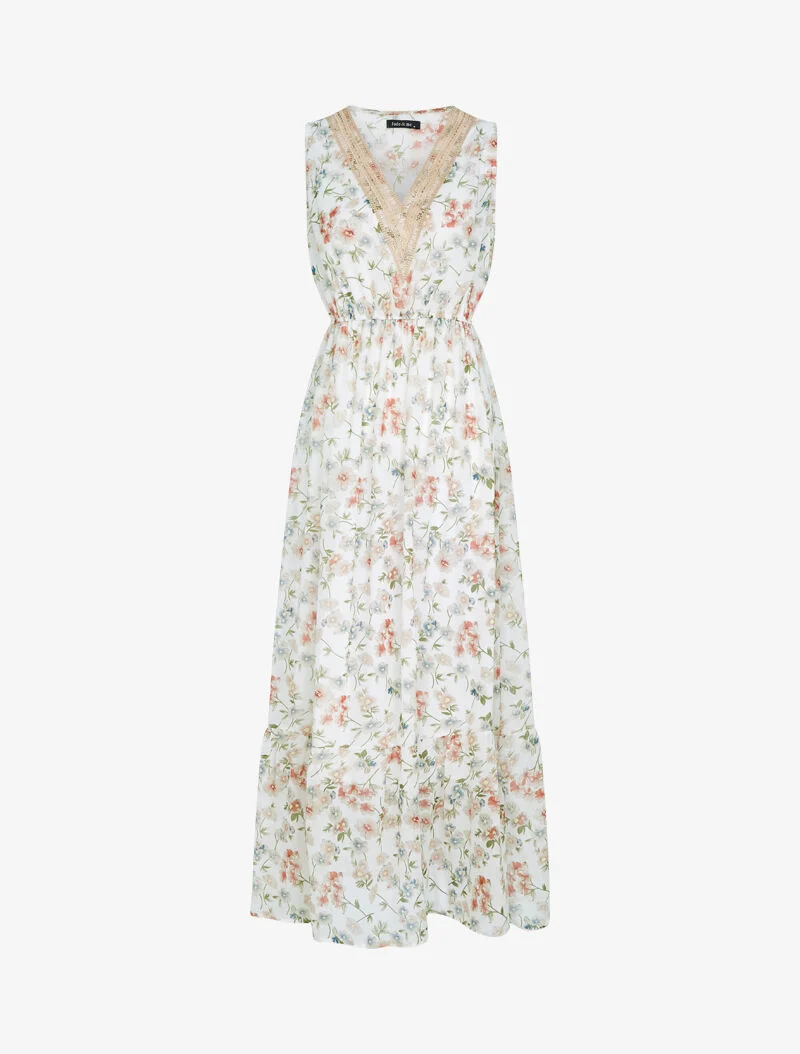 Gehäkeltes Kleid mit Blumendruck und V-Ausschnitt - Ecru
