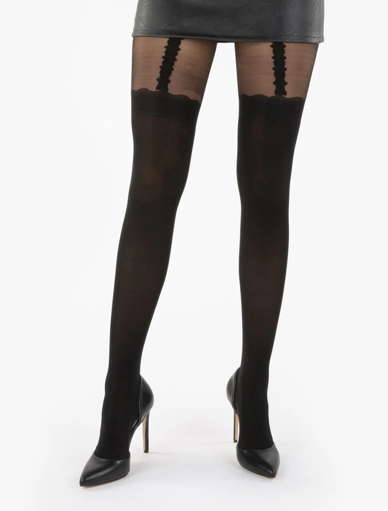 Strumpfhosen mit stilisiertem Stulpen-Effekt-Print - schwarz