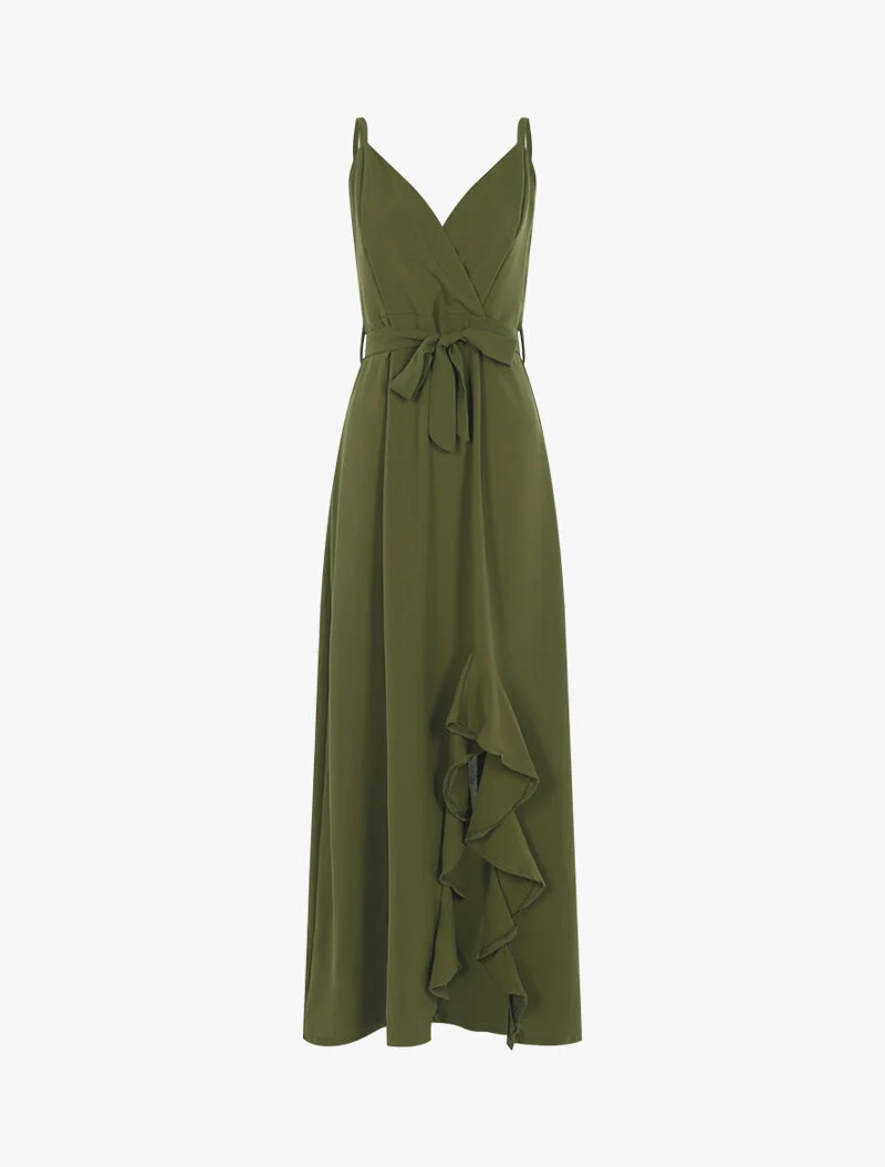 Langes Kleid mit geschlitztem Volant-Saum - Kaki