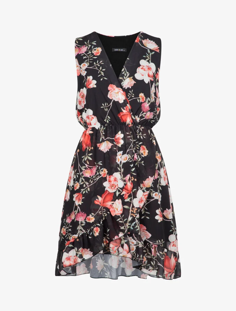 Wickelkleid mit Blumenmuster - schwarz