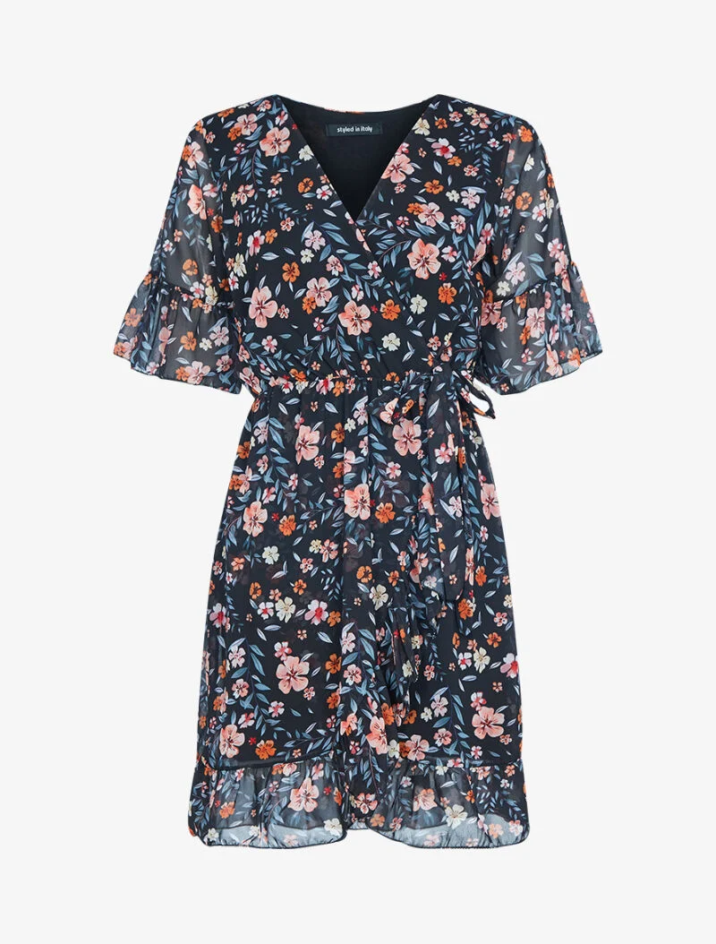 Wickeleffekt-Blumenkleid - schwarz
