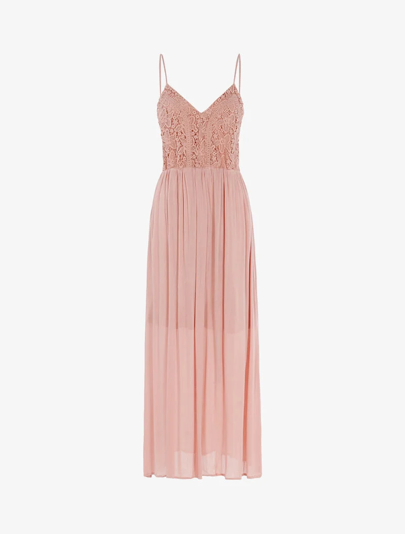 Langes Kleid mit gehäkeltem Oberteil - Rose