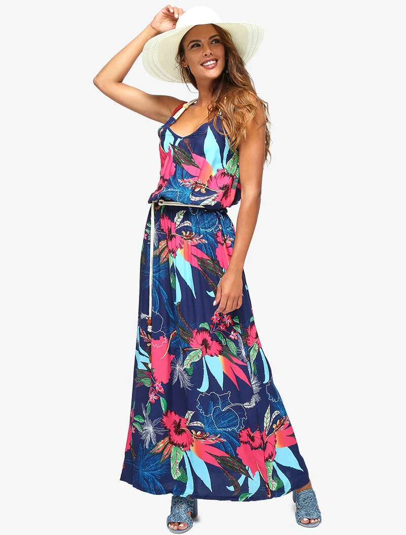 Kleid mit tropischem Druck und Seildetails. - Marine