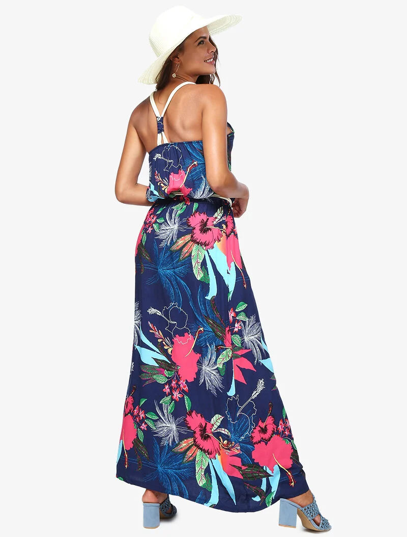 Kleid mit tropischem Druck und Seildetails. - Marine