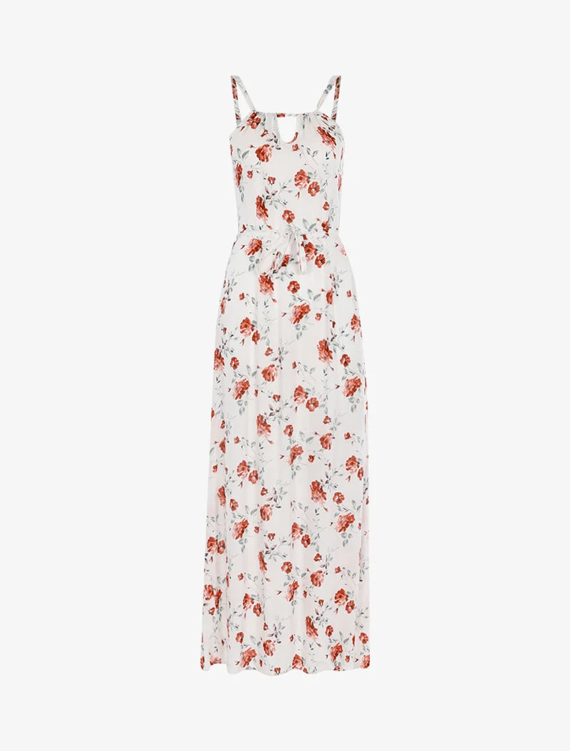 Langes Kleid mit Pfingstrosenprint - weiß