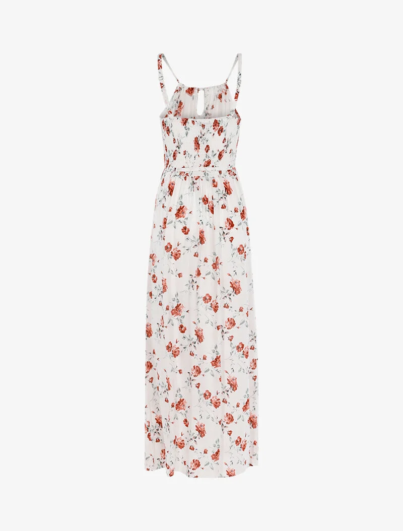 Langes Kleid mit Pfingstrosenprint - weiß