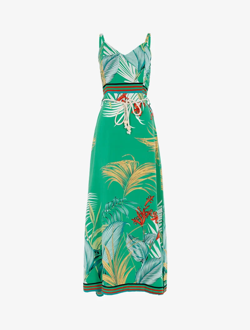 Kleid mit Blattdruck und gestreiften Details - Grün