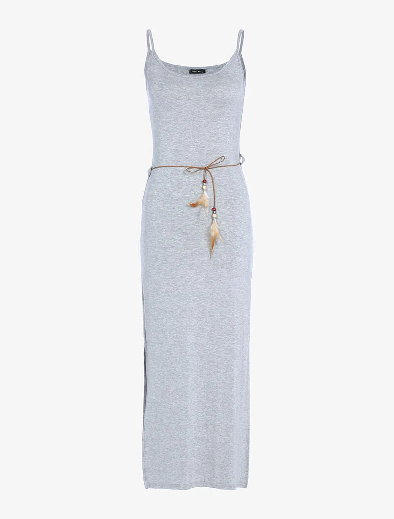 Langes Kleid mit seitlichen Schlitzen - meliertes Grau