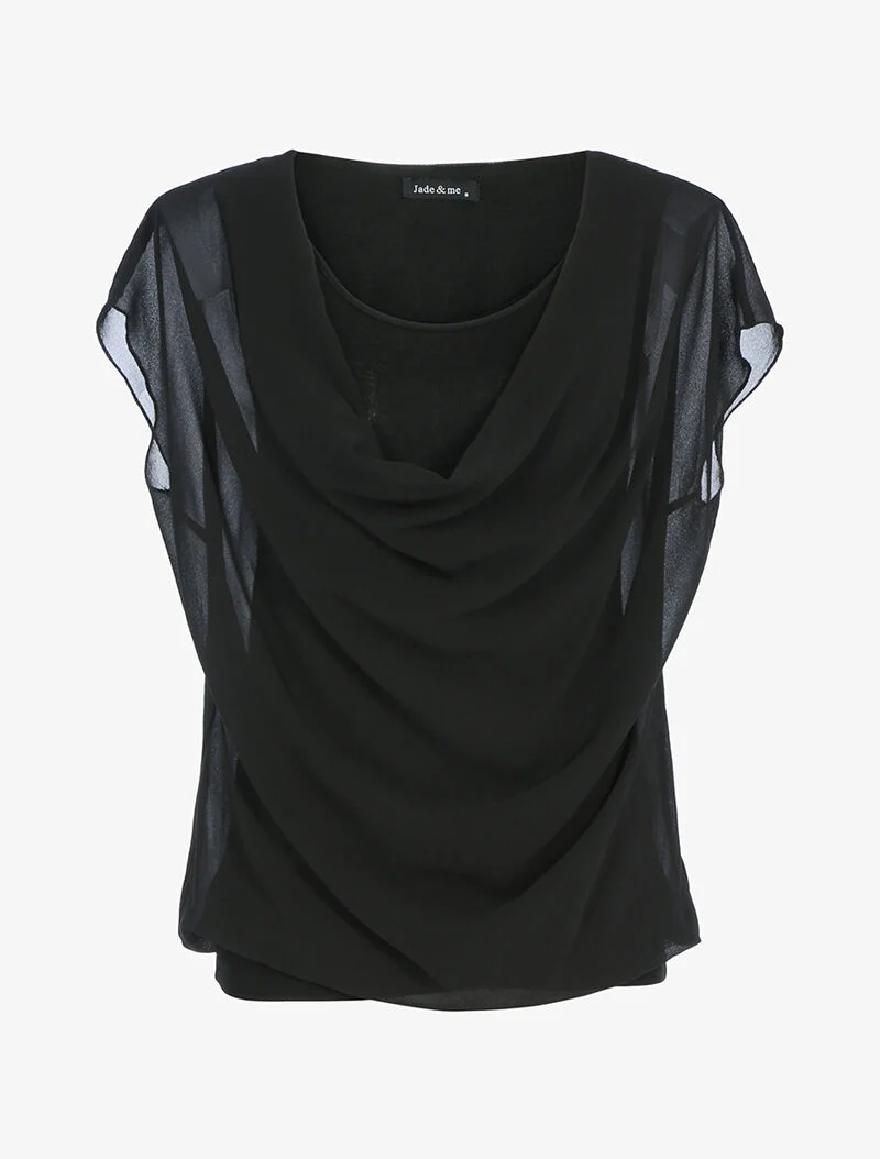 Top aus Voile mit Wasserfallausschnitt - schwarz