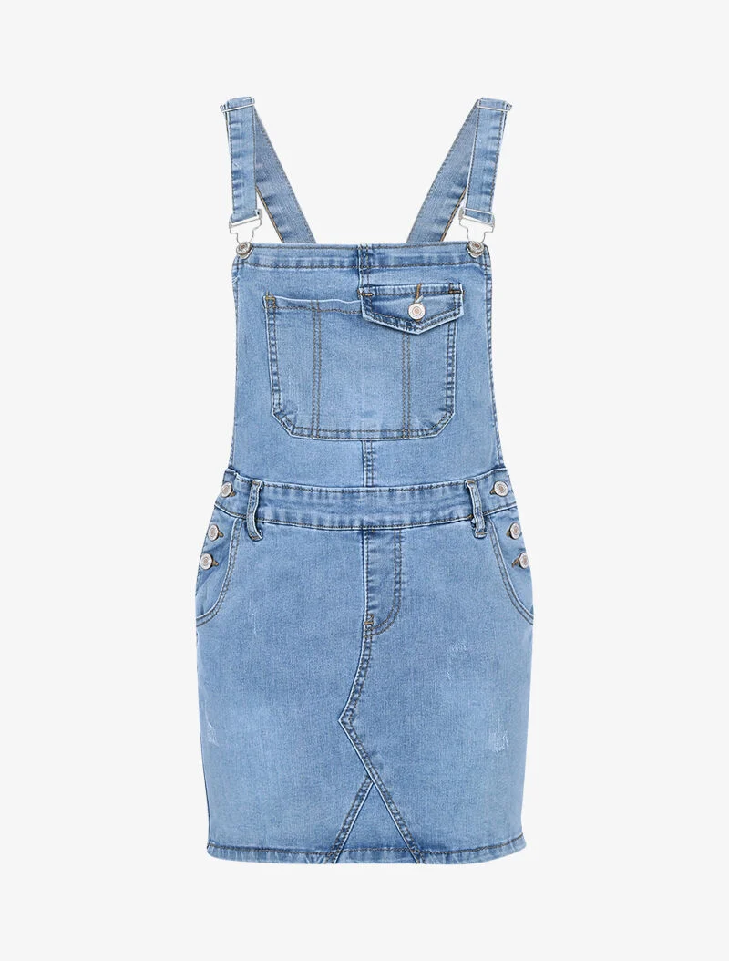 Latzkleid mit Taschen auf der Brust - helles Denim