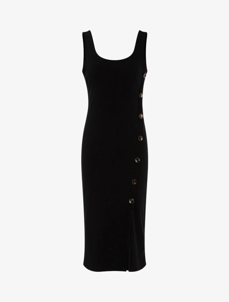 Geripptes Kleid mit schräger Knopfleiste - schwarz