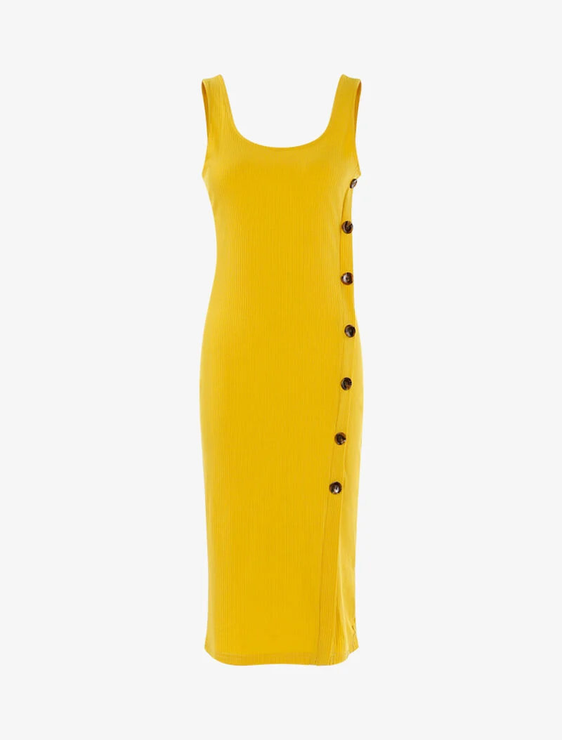 Geripptes Kleid mit schräger Knopfleiste - gelb