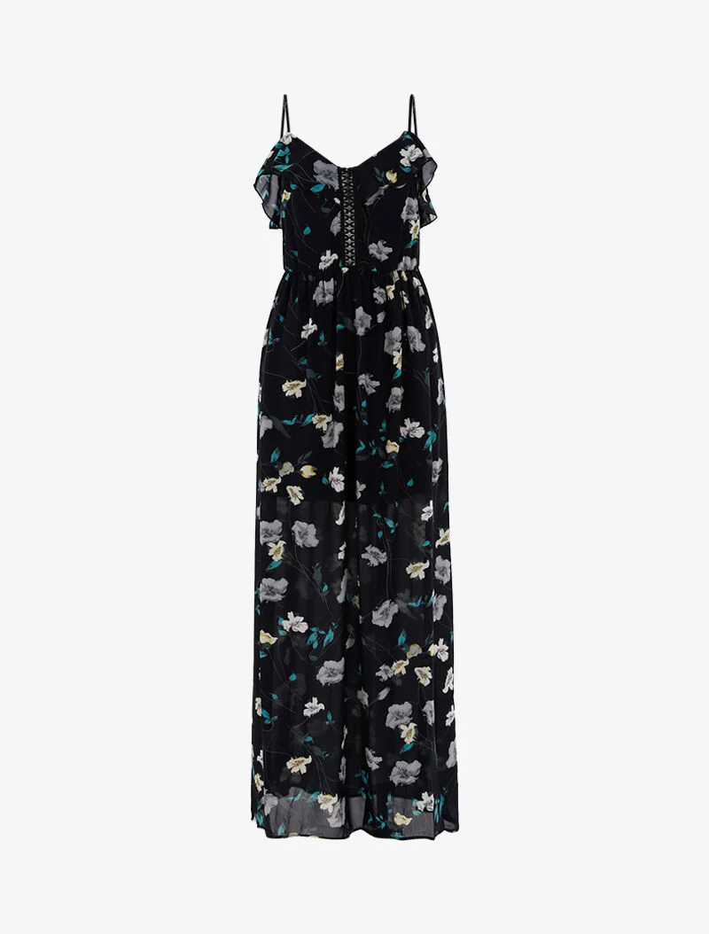 Langes Kleid mit Blumenmuster - Marine