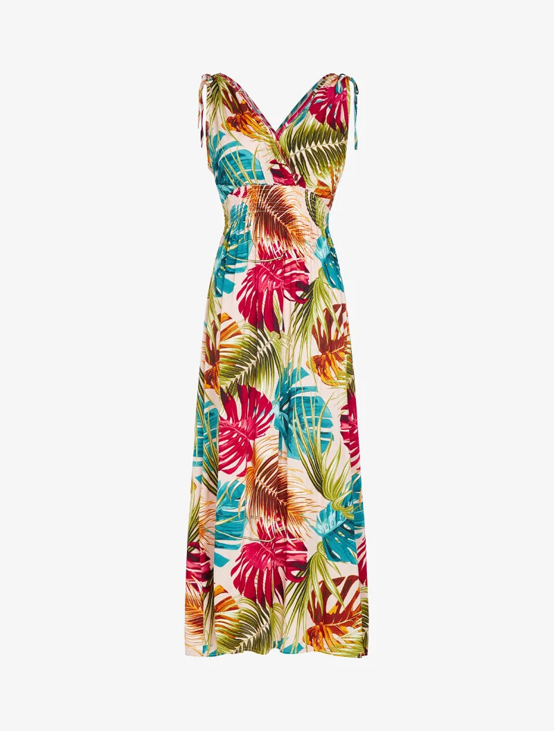 Ärmelloses Kleid mit tropischem Print - blau