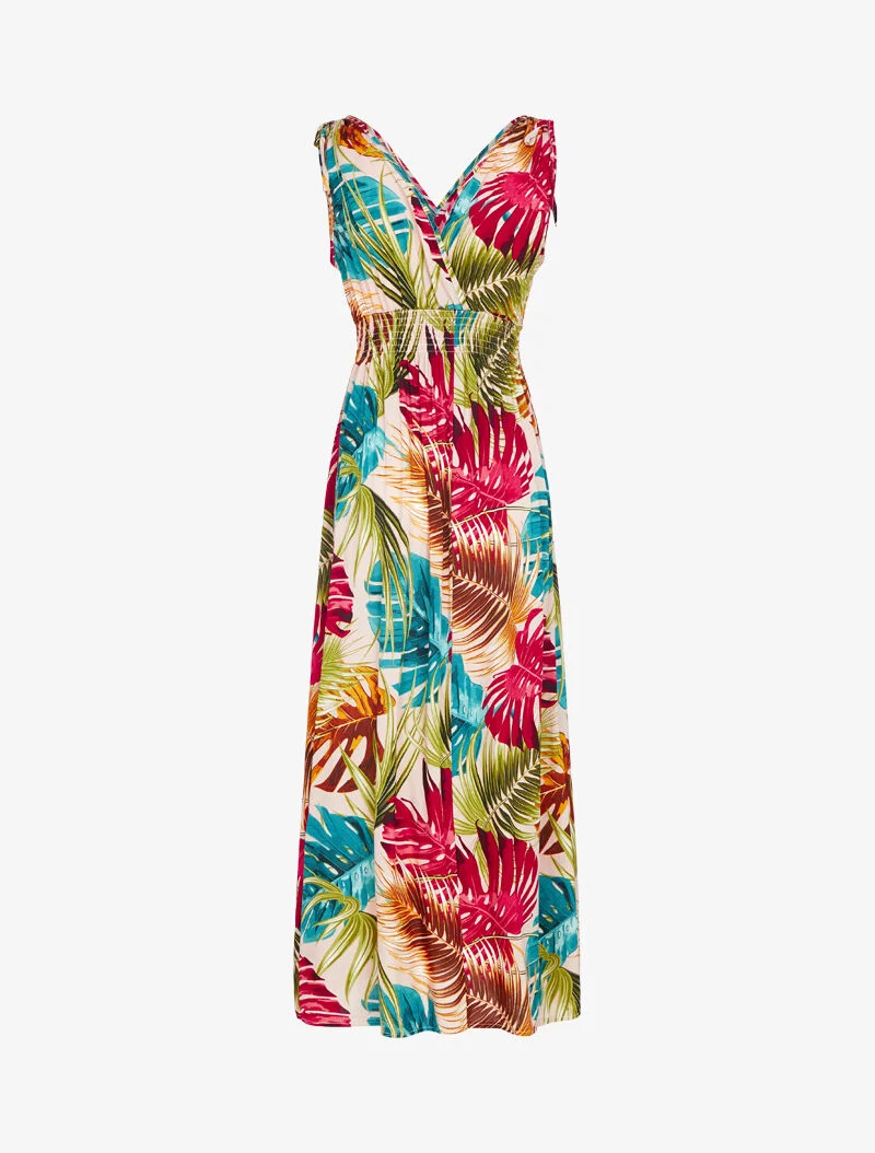 Ärmelloses Kleid mit tropischem Print - blau