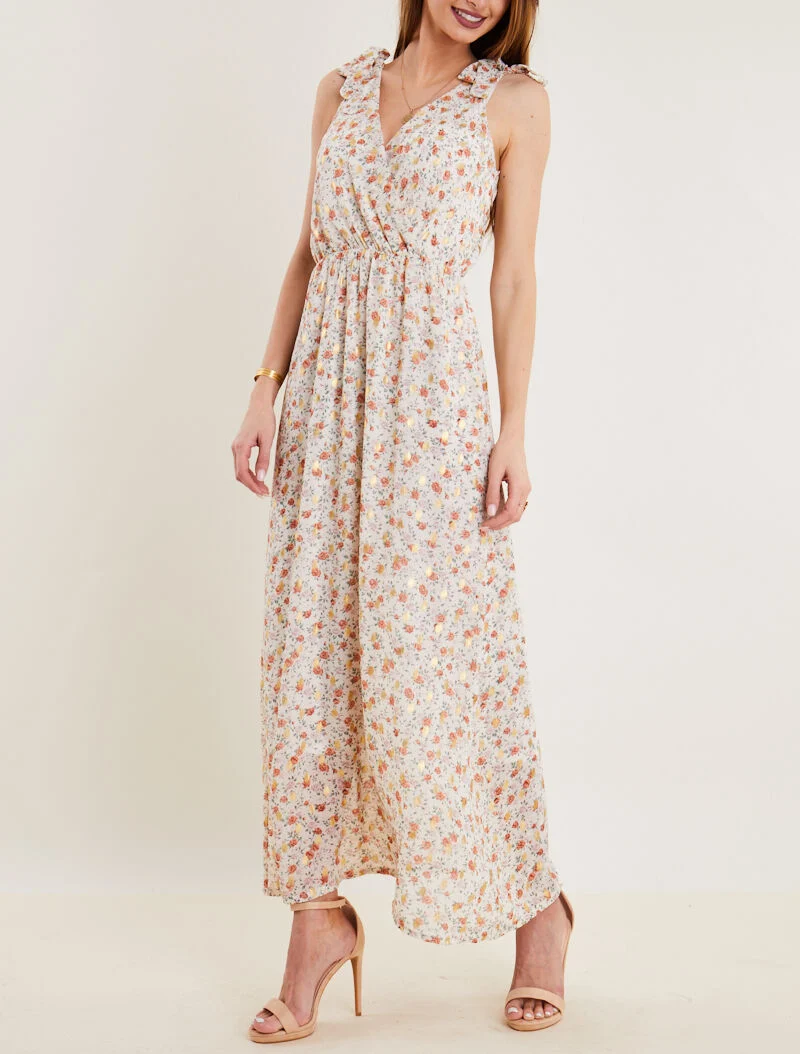Langes Kleid mit Pfingstrosenprint - Ecru