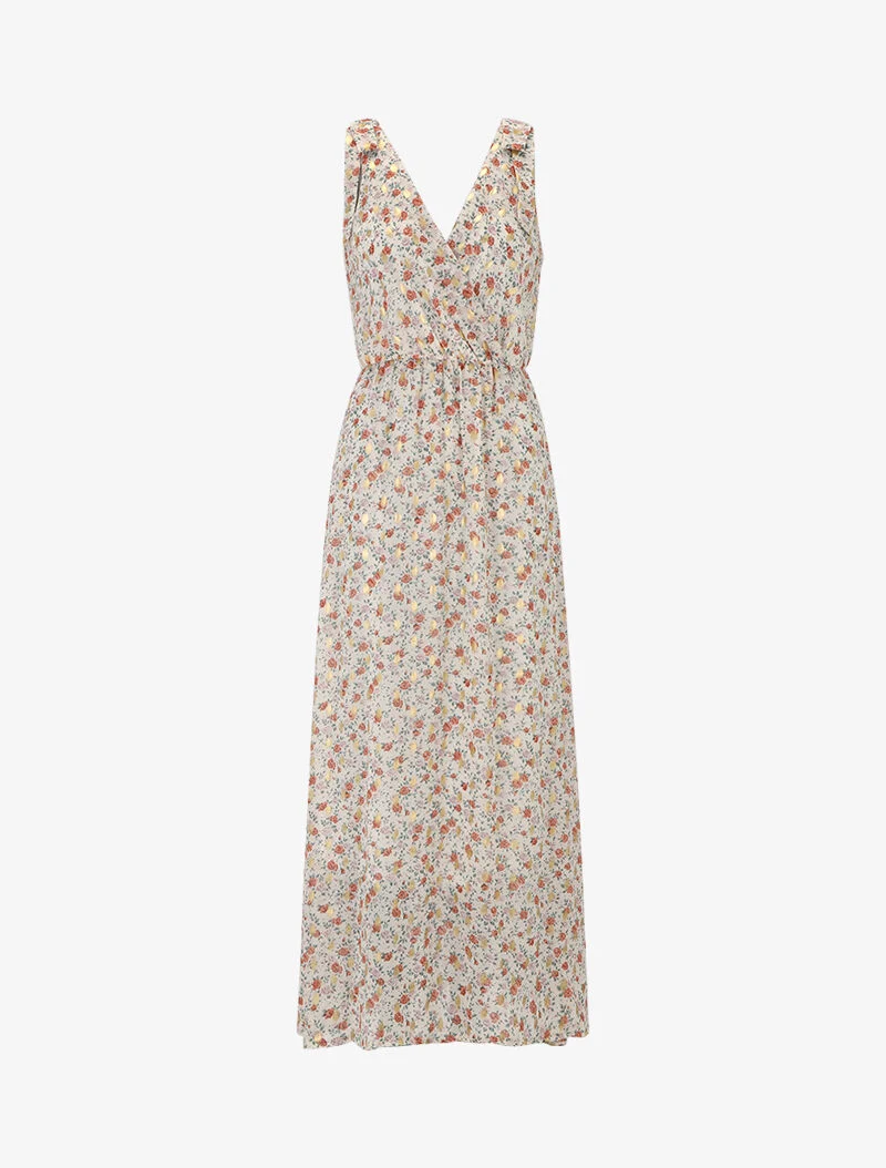 Langes Kleid mit Pfingstrosenprint - Ecru