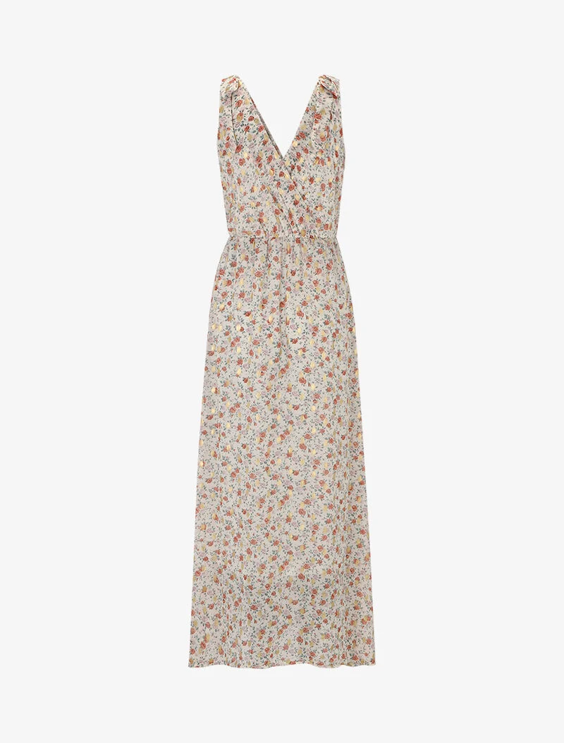 Langes Kleid mit Pfingstrosenprint - Ecru
