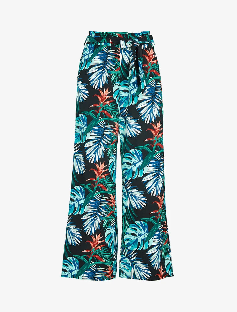 Fließende Hose mit tropischem Print - schwarz