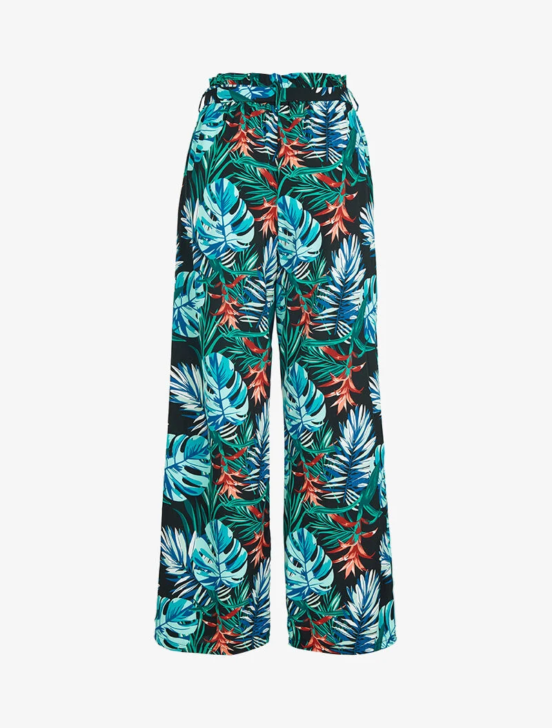Fließende Hose mit tropischem Print - schwarz