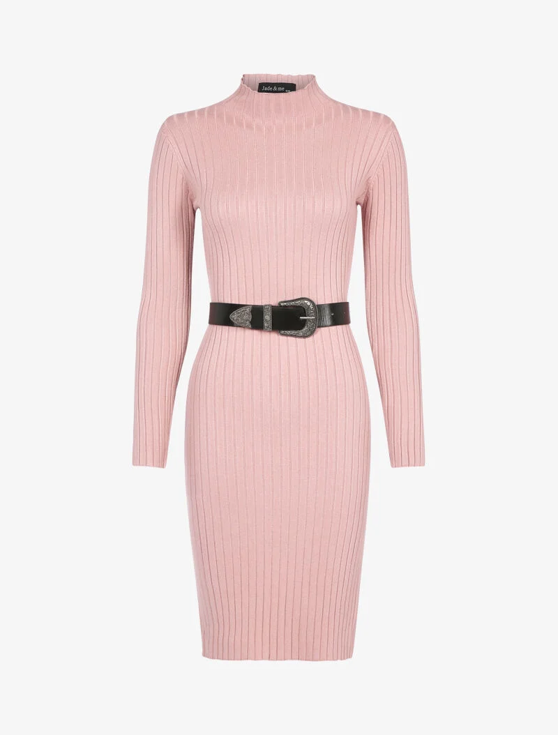 Geripptes Strickkleid mit Stehkragen - Rose