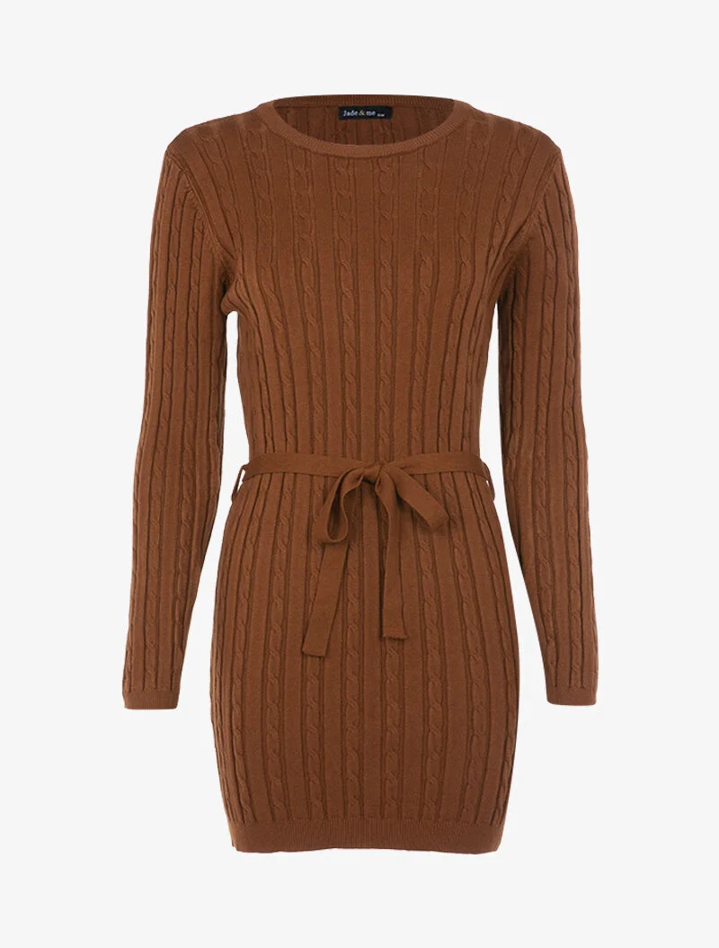 Strickkleid mit Zopfmuster-Details - Ocker