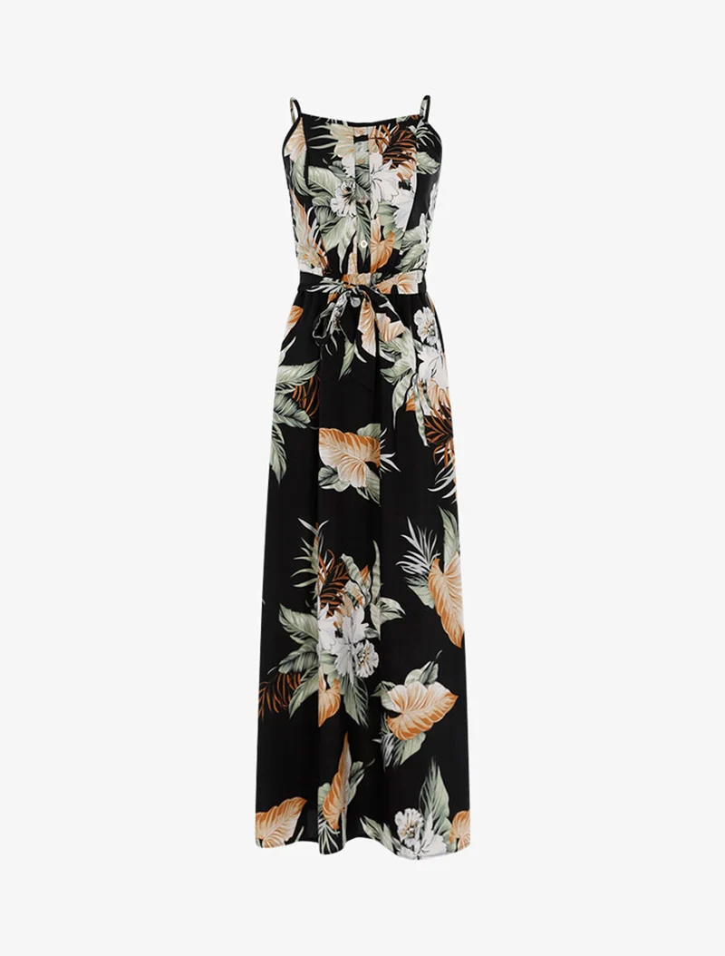 Langes Kleid mit tropischem Print - schwarz