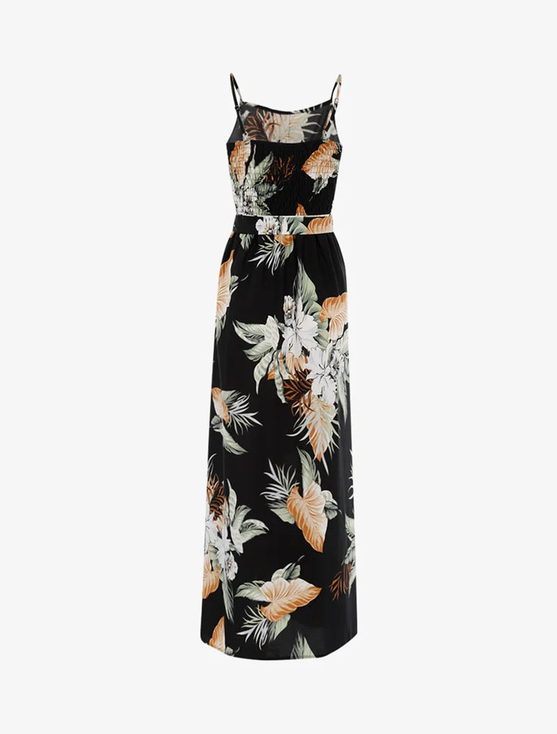 Langes Kleid mit tropischem Print - schwarz