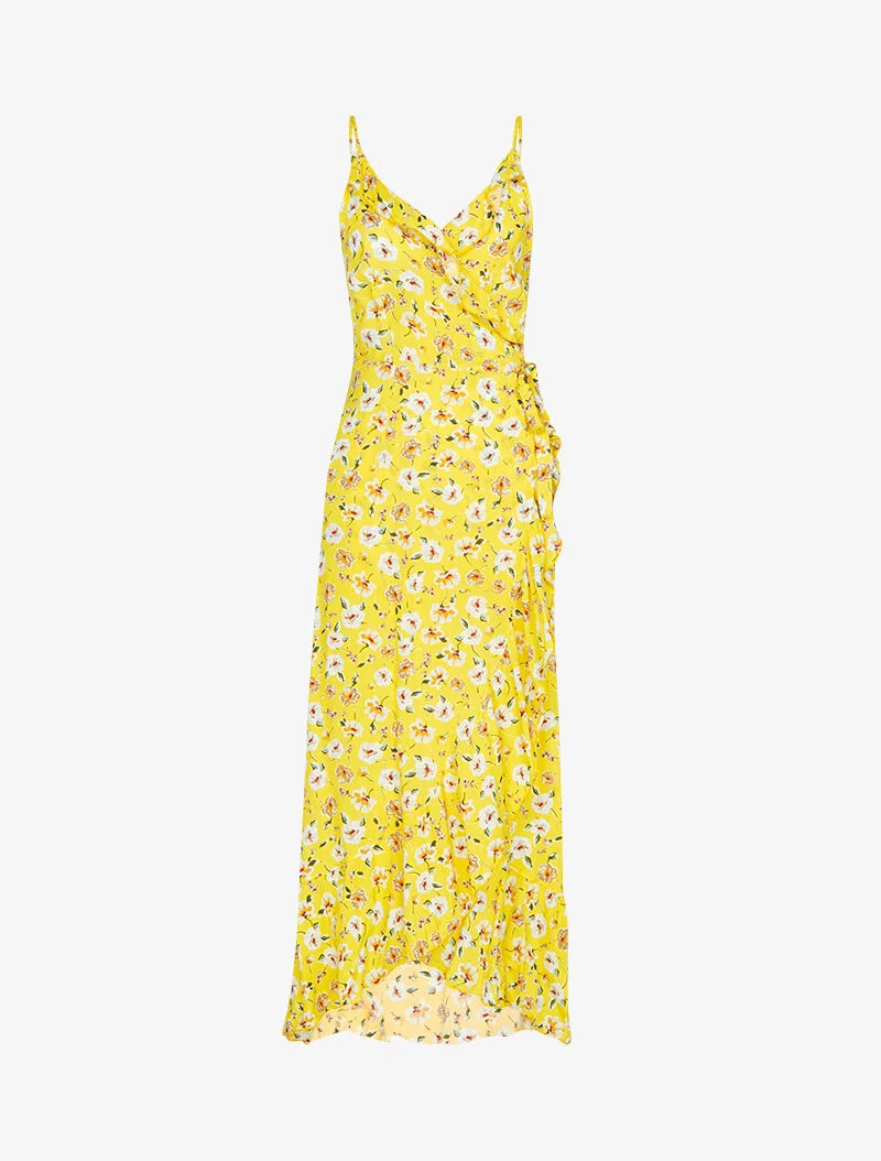 Langes Wickelkleid mit ländlichem Druck - gelb
