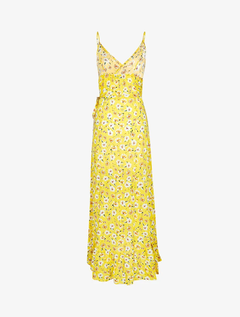 Langes Wickelkleid mit ländlichem Druck - gelb