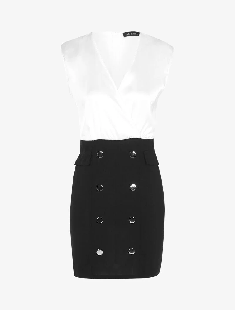 Zweimaterialiges Kleid mit dekorativen Knöpfen - schwarz/weiß