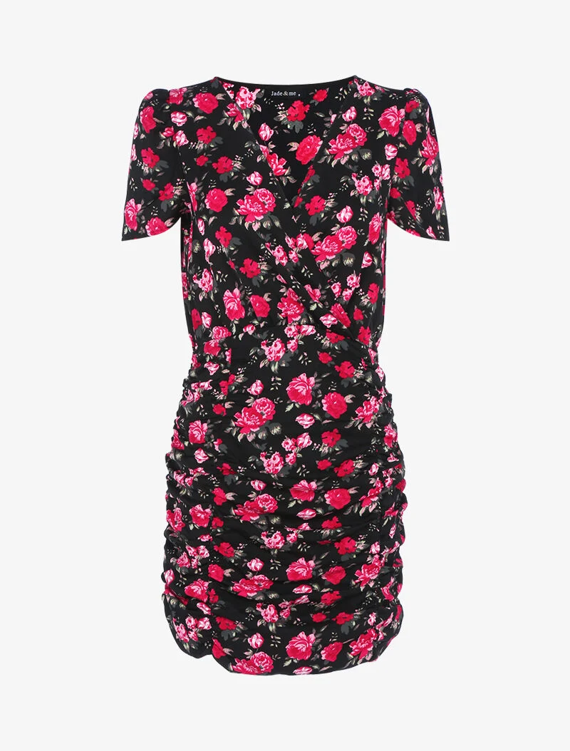 Figurbetontes Kleid mit Blumenmuster - schwarz