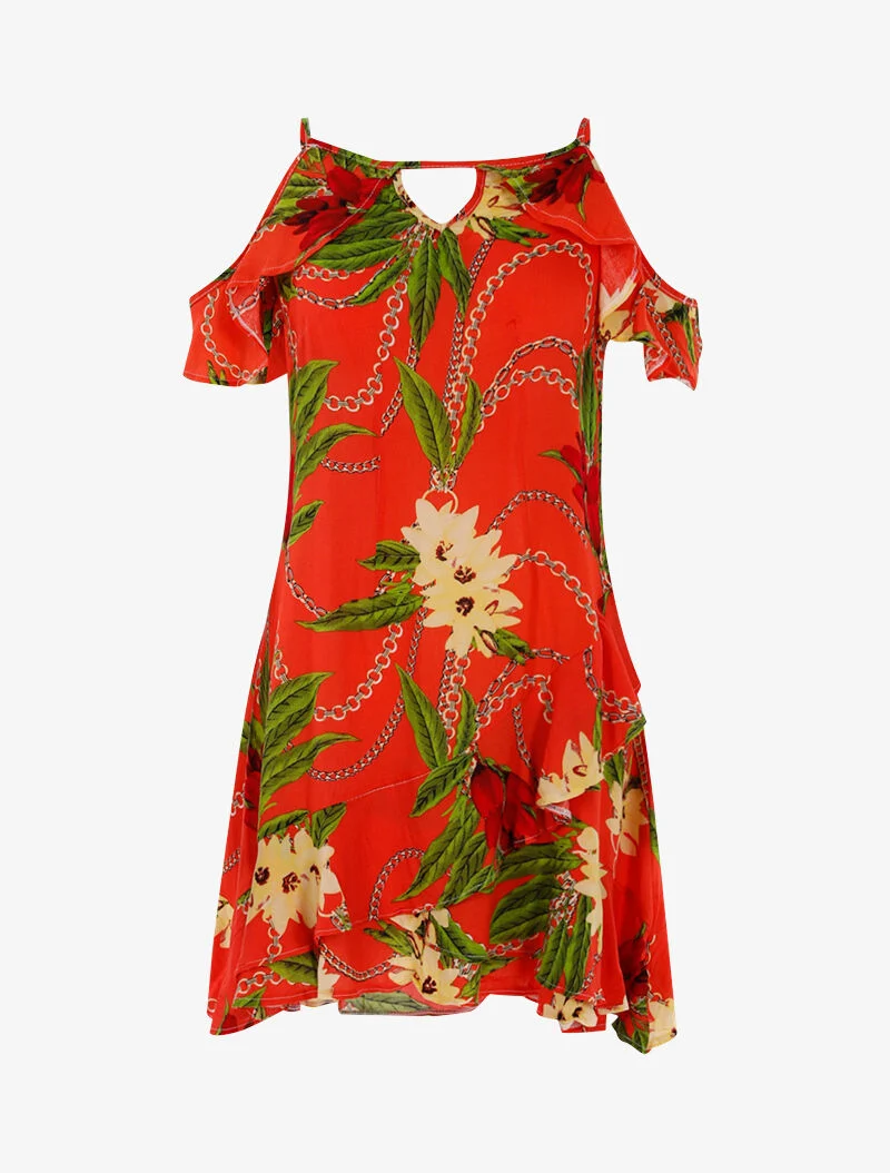 Leichtes Kleid mit Blumenmuster und Ketten - Orangerot