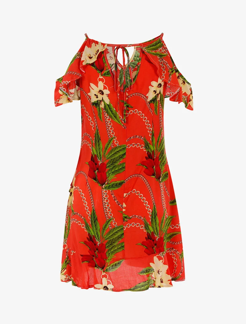 Leichtes Kleid mit Blumenmuster und Ketten - Orangerot