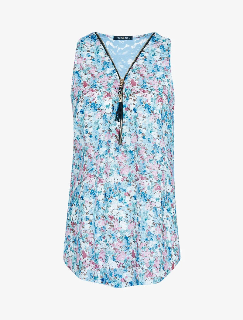 Top aus bedrucktem Voile und Spitze - Himmelblau