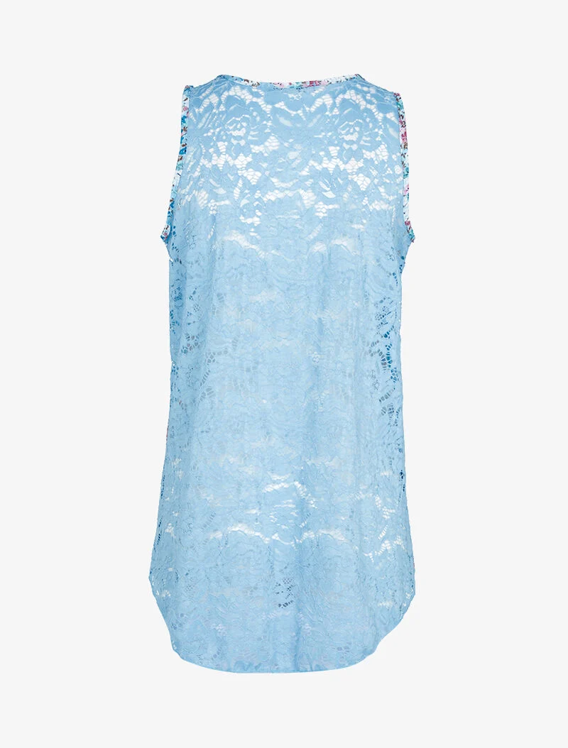 Top aus bedrucktem Voile und Spitze - Himmelblau