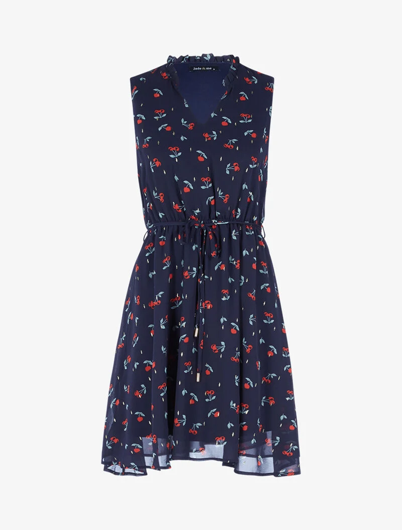 Tailliertes Kleid aus bedrucktem Kirsch-Voile - Mitternachtsblau